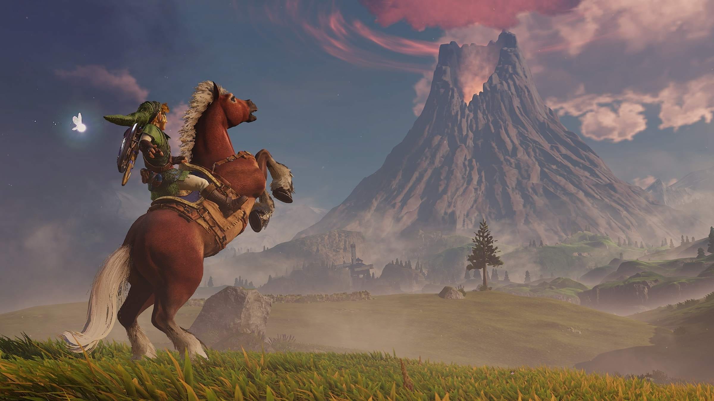 Link montado em um cavalo empinando em frente à Montanha da Morte em Hyrule Field no remake de Ocarina of Time