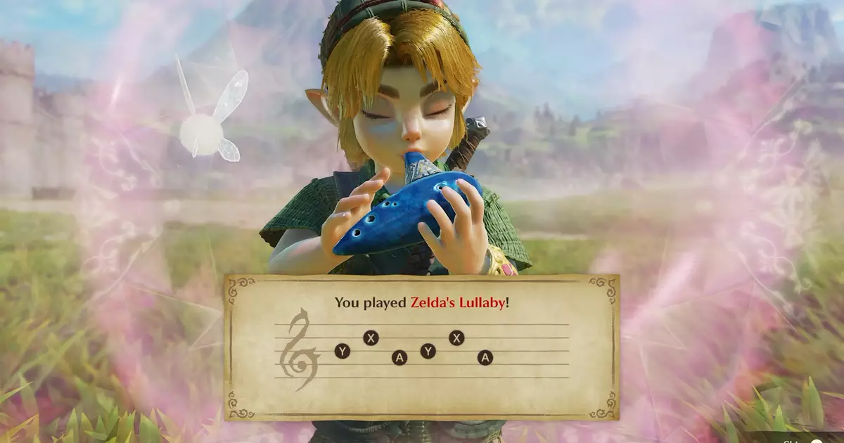 Tela de gameplay mostrando Link tocando a Ocarina do Tempo e a mensagem 'You played Zelda's Lullaby!' com as notas musicais em destaque