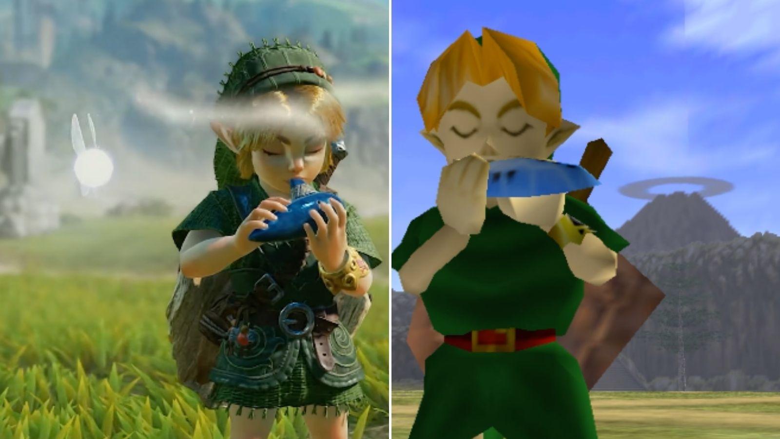 Comparação entre Link tocando a Ocarina do Tempo no remake de Nintendo Switch 2 e na versão original de Nintendo 64
